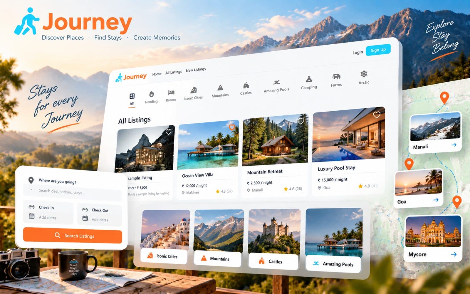 Stylized artwork for Journey: rental listings in Manali, Goa and Mysore with search, categories and a map.
