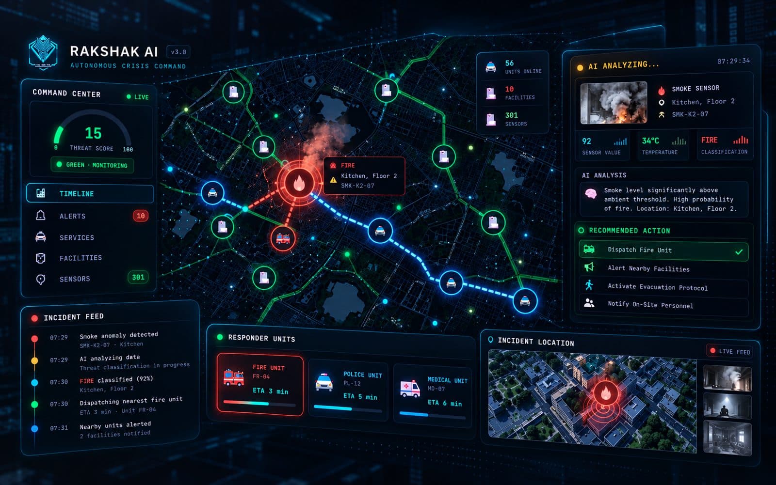 Stylized command-center artwork for Rakshak AI: a city map with a fire alert, responder units with arrival times, and an AI analysis panel.