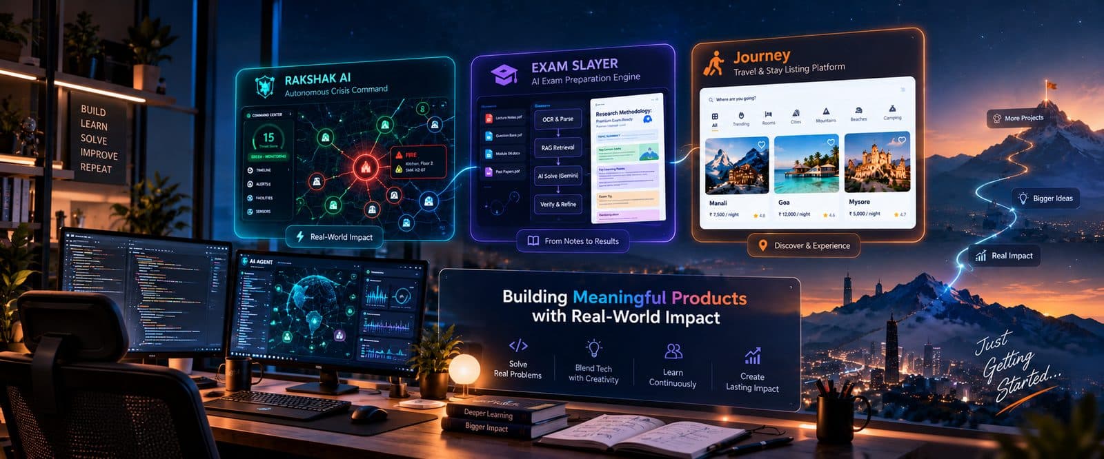 Night-desk artwork combining all three projects: Rakshak AI command panels, the Exam Slayer engine, and Journey listings under the words Building Meaningful Products with Real-World Impact.